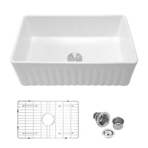 White Kitchen Sink - 33 x 18 x 10 inch White Porcelain Ceramic Single Bowl Reversible Design Kitchen Sink
