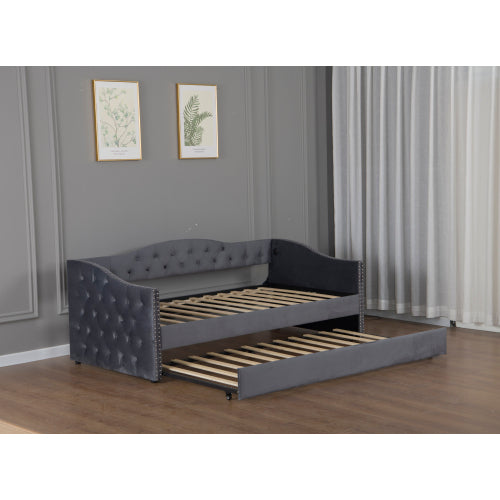 Twin Size Upholstered Daybed with Trundle and USB Charging Design, Sturdy Wood Slat Support, Wood Bed Frame for Bedroom/Guestroom/Dorm,Plush Velvet Fabric,Gray