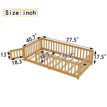 Twin Size Bed Floor Bed with Safety Guardrails and Door for Kids, Natural