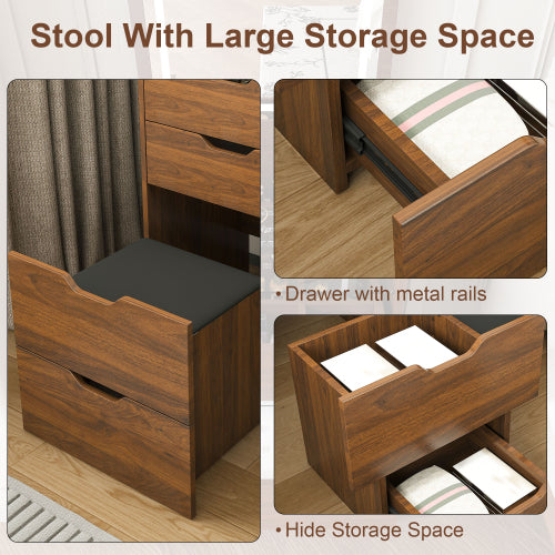 Walnut 3-in-1 Vanity Desk with Lighted Mirror & Stool, Flip Top Makeup Table, Compact Storage for Bedroom