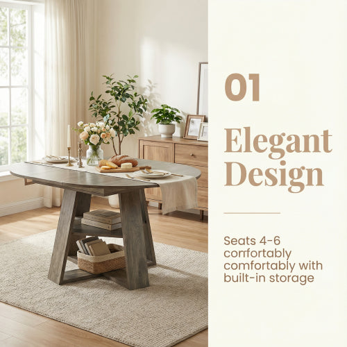 Extendable Round Dining Table for 4-8, Modern Oval Kitchen Table with Storage Shelf, Gray