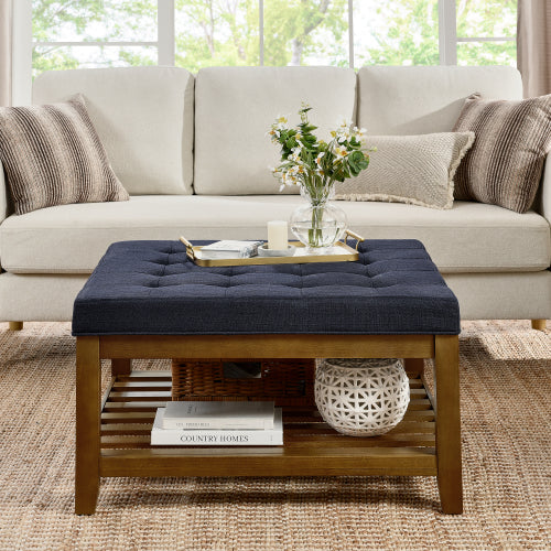 33.5 inch Navy Blue Tufted Linen Square Ottoman Coffee Table, Beech Wood Frame Storage Footrest Stool