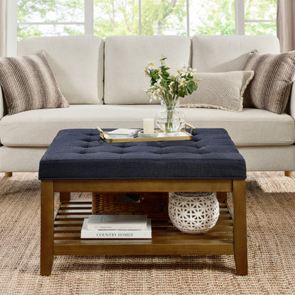 33.5 inch Navy Blue Tufted Linen Square Ottoman Coffee Table, Beech Wood Frame Storage Footrest Stool