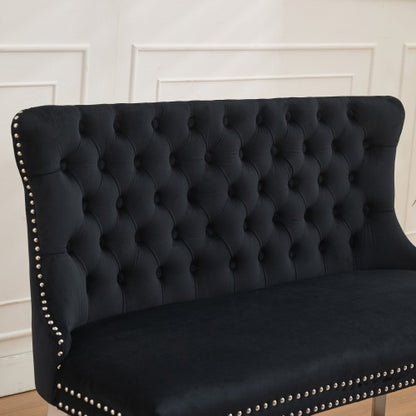Velvet Double Dining Loveseat Bench, Kitchen & Dining Seating, 2-Seat Tufted Bench w/Handmade Buttons, Wing Back, Brushed Silver Stainless Steel Legs, Mid Century Modern,Single Pack,Black