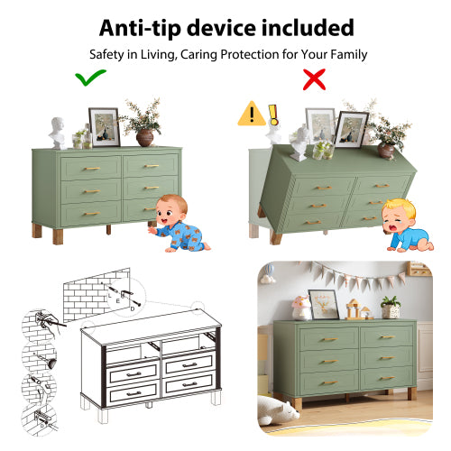 Sage Green 6-Drawer Modern Solid Wood Frame Bedroom Storage Dresser