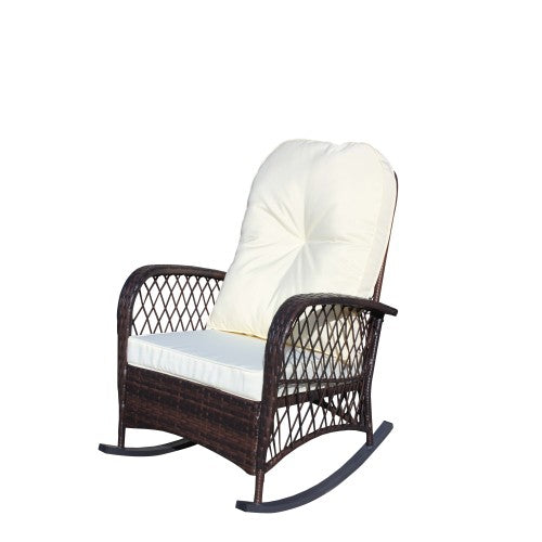 Outdoor Wicker Rocking Chair with Wide Seat, Thick, Soft Cushion, Rattan Rocker w/Steel Frame, High Weight Capacity for Patio, Garden, Backyard, Beige Cushion