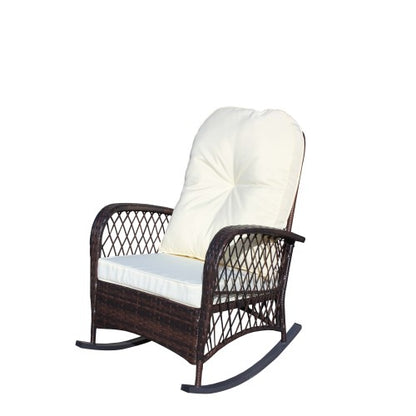Outdoor Wicker Rocking Chair with Wide Seat, Thick, Soft Cushion, Rattan Rocker w/Steel Frame, High Weight Capacity for Patio, Garden, Backyard, Beige Cushion