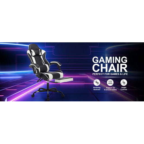 Gaming Chair with Footrest, Ergonomic Computer Chair with Headrest and Lumbar Support, Breathable Material Height Adjustable Video Game Chairs for Adults, Black White
