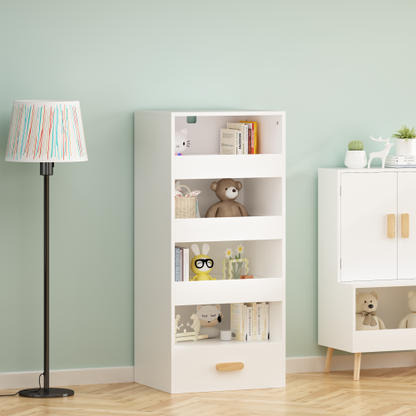 4-Tier Bookshelf with Sliding Drawers and Bottom Drawer