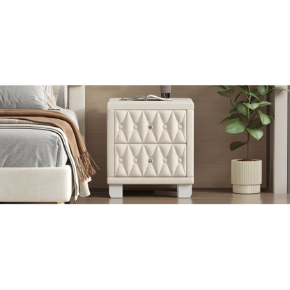 Elegant Velvet Nightstand with 2 Drawers and Crystal Handle, Storage Bedside Table with Button-Tufted, Beige