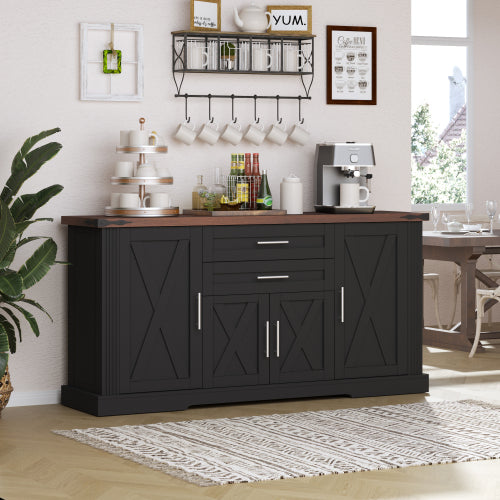 63 inch Farmhouse Barn Door Storage Cabinet with 2 Drawers & Door Rack, Large Buffet Table Coffee Bar Cabinets with Adjustable Shelves for Kitchen, Living Room, Entryway, Dining Room, Black