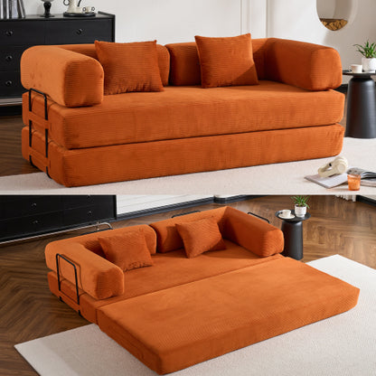Orange Corduroy Convertible SofaBed with FixedShape Reinforced Metal Frame