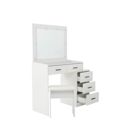 White Adjustable Vanity Desk with 5 Drawers, LED Mirror, 3 Lighting Modes & Matching Stool