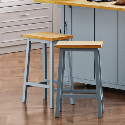 Set of 2 Grey Blue Solid Wood A-Frame Counter Bar Stools, 25.6 inch  Height, Footrest, 220lbs Capacity for Kitchen Island