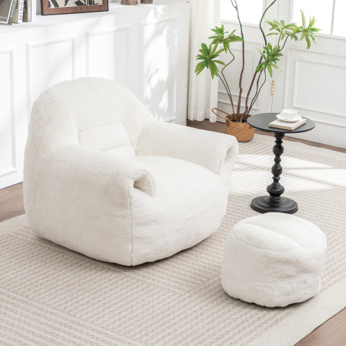 White Faux-Fur Bean Bag Sofa Chair with Back Support & Matching Footstool