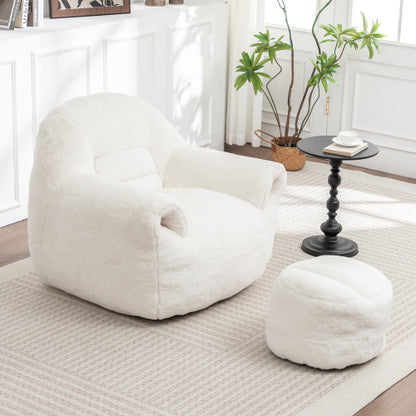 White Faux-Fur Bean Bag Sofa Chair with Back Support & Matching Footstool