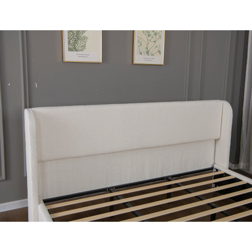 Queen Size Boucle Bed Frame, Upholstered Cloud Bed Frame with Headboard, Solid Wood Legs and Slats, No Box Spring Needed, White