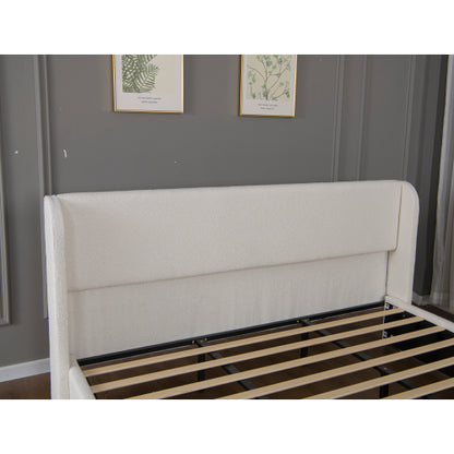 Queen Size Boucle Bed Frame, Upholstered Cloud Bed Frame with Headboard, Solid Wood Legs and Slats, No Box Spring Needed, White