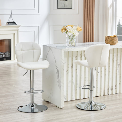 Set of 2 Height Adjustable Bar Stools, PU Upholstered Tufted Backrest Chairs with Chrome-Plated Metal Base & Footrest for Kitchen Island, Pub, Bar (White)