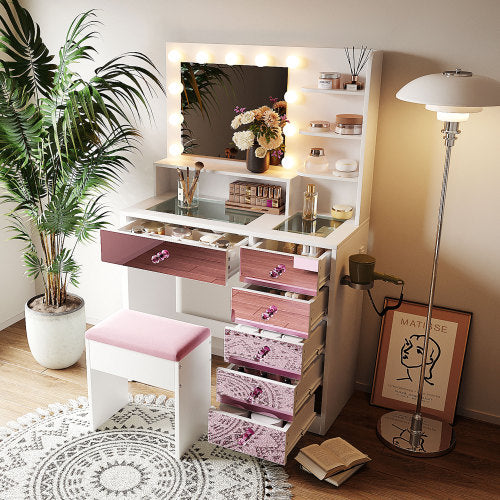 Vanity Desk with Glass Top and 11 Hollywood Bulbs, 3 Color Lighting Modes, Makeup Vanity with Pink Finish Drawers & Shelves, White Vanity Table with Stool for Bedroom