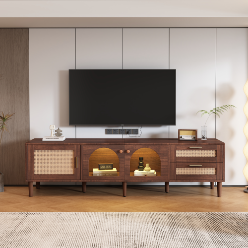70.8 inch Dark Brown App Control LED Rattan TV Stand Glass Storage For 80 Inch TV