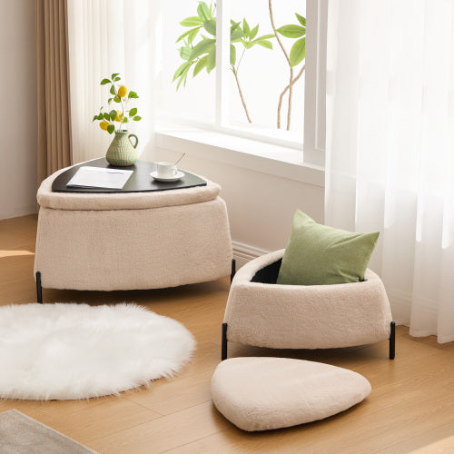29.9 Inch Light Camel 2-Piece Nesting Faux Fur Storage Ottoman Set, Reversible Tray Lid Footstool with Metal Legs, 275 LBS