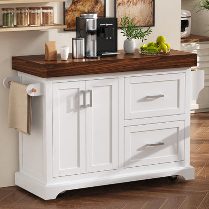 53 Inch Rolling Kitchen Island with Thick Top Drawers & Spice Rack White