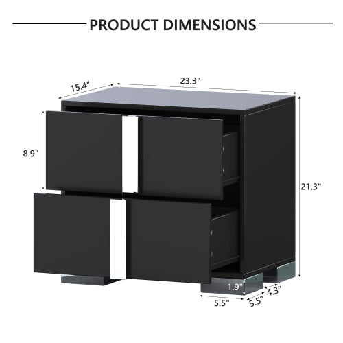Elegant Nightstand with Metal Foot, Mirrored Bedside Table with 2 Drawers for Bedroom, Living Room, Black