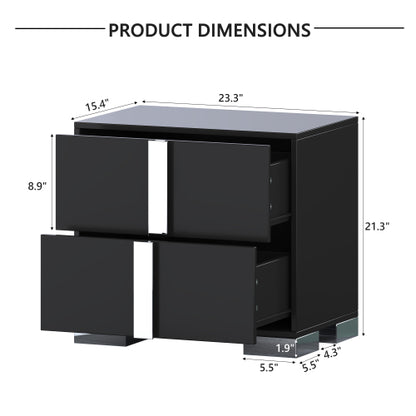 Elegant Nightstand with Metal Foot, Mirrored Bedside Table with 2 Drawers for Bedroom, Living Room, Black