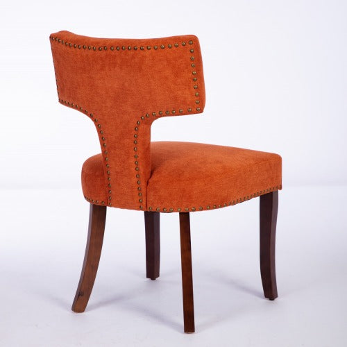 Set of 2 Orange Linen Mid-Century Farmhouse Dining Chairs, Copper Nail Curved Back Walnut Solid Wood Legs 300lbs Capacity