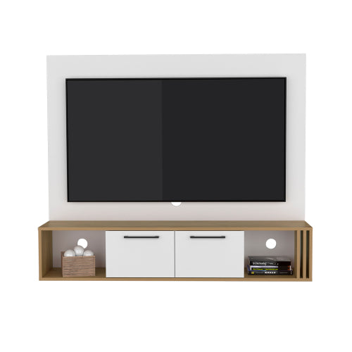 White and Macadamia Entertainment Center with Cabinets and Shelves