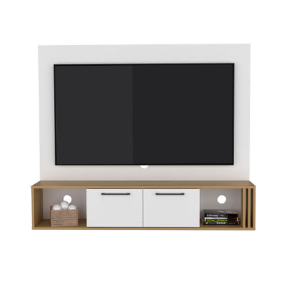 White and Macadamia Entertainment Center with Cabinets and Shelves