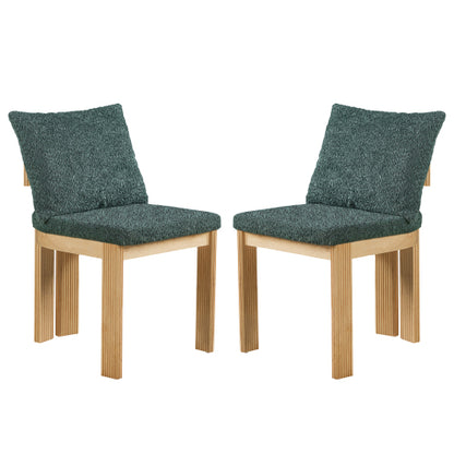 Set of 2 Green Boucle Fabric Dining Chairs, Rubber Wood Frame 250lbs Weight Capacity