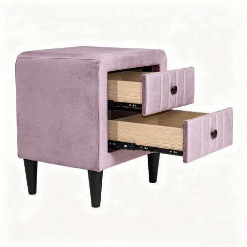 Light Pink Velvet 2-Drawer Upholstered Nightstand, 20inchW, Black Tapered Legs