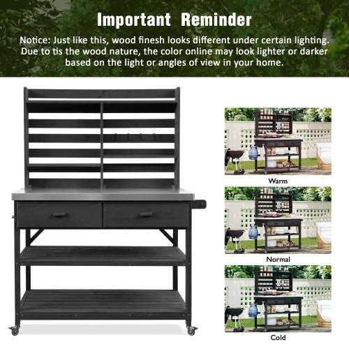 K&K 64.9"H Outdoor Potting Bench Table with Lockable Wheels, Solid Wood Outdoor Kitchen Island with Upper Hutch, Stainless Steel Top, Towel Rack ,Outdoor Storage for Grilling, Lawn Garden -Black