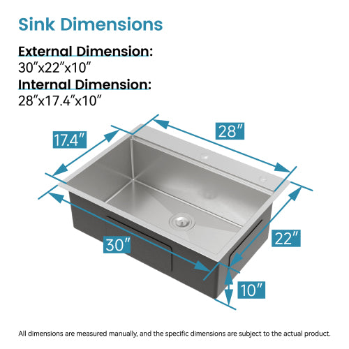 Stainless Steel Kitchen Sink, 30″x22″ Single Bowl, Overmount Handmade Sink in Brushed, with Cutting Board, Colander