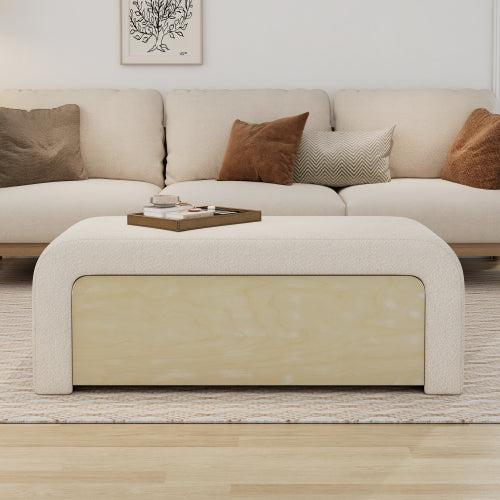 White Boucle Ottoman with Drawer, Upholstered Storage Footrest