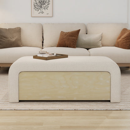 White Boucle Ottoman with Drawer, Upholstered Storage Footrest