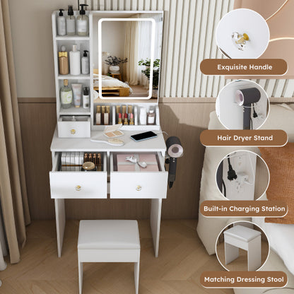 White Small Vanity Desk w/ 3-Color LED Mirror, 3 Drawers, Open Shelves, Power Outlet, Hair Dryer Holder & Chair