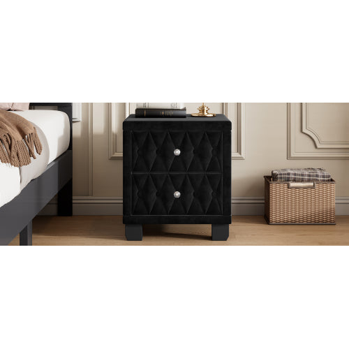 Elegant Velvet Nightstand with 2 Drawers and Crystal Handle, Storage Bedside Table with Button-Tufted, Black