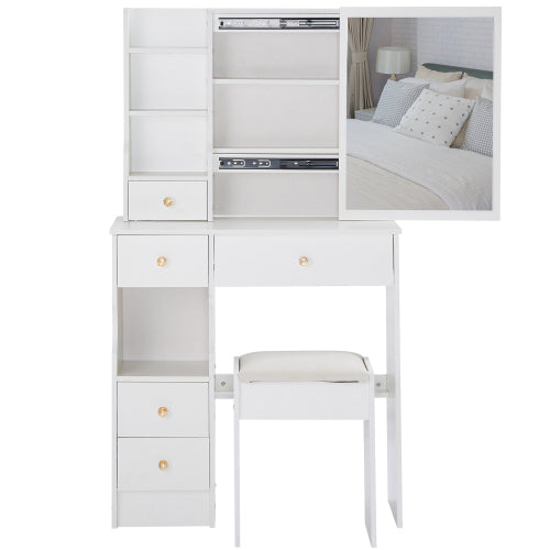 29.2inch  Small Space Left Drawer Desktop Vanity Table + Cushioned Stool, Extra Large Right sliding mirror, Multi Layer High Capacity Storage, Practical Fashionable Dresser, Suitable For Small Space