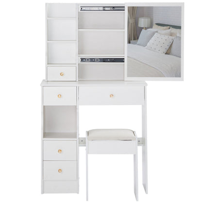 29.2inch  Small Space Left Drawer Desktop Vanity Table + Cushioned Stool, Extra Large Right sliding mirror, Multi Layer High Capacity Storage, Practical Fashionable Dresser, Suitable For Small Space