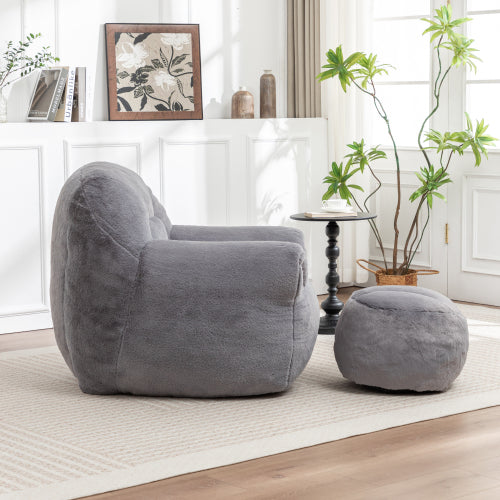 Grey Faux-Fur Bean-Bag Sofa Chair with Backrest & Footstool