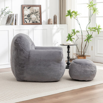 Grey Faux-Fur Bean-Bag Sofa Chair with Backrest & Footstool