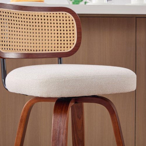 Set of 3, 26-Inch Counter Height Bar Stools - Walnut Black, Cane Rattan Back, Beige Linen Upholstered Seat, Swivel Design for Kitchen Island/Bar/Counter