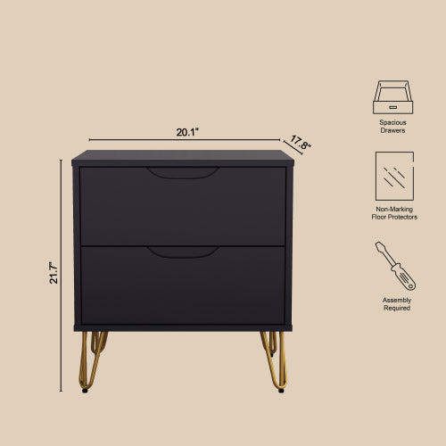 Black Modern Nightstand, 2 Drawers & Metal Legs