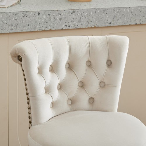 26inch Counter Height Bar Stools Set of 2, 360¡ã Swivel Stools with Back & Hand - Tufted Button - Trimmed Edges, Upholstered Velvet Kitchen Counter Stools on Wood Legs,Beige