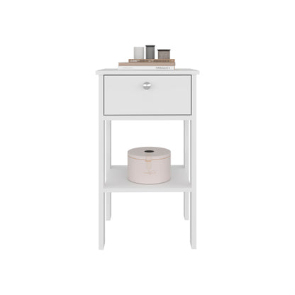 White Modern Nightstand with 1 Drawer & Open Shelf, Compact Bedside End Table