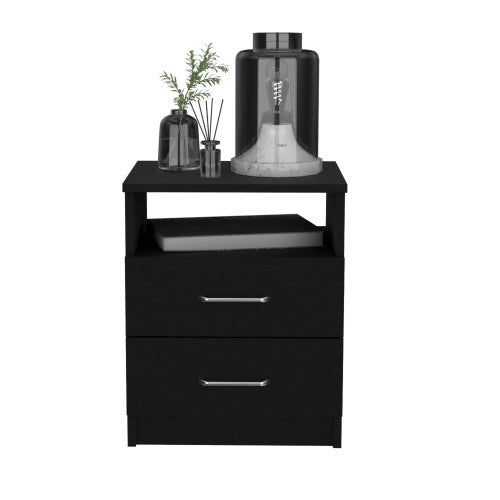 Black Nightstand with 2 Drawers and Open Shelf, Modern Bedside Table