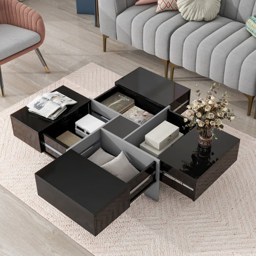 Modern Square Coffee Table Extendable Sliding Storage UV Gloss Living Room Center Table